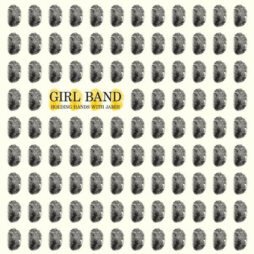 This is the album cover for Girl Band - Holding Hands with Jamie. The cover features a repetitive pattern of black fingerprint-like shapes arranged in rows on a light background. The band name, "Girl Band," and the album title, "Holding Hands with Jamie," are displayed in a simple, bold font in the center, with the text highlighted in a soft yellow shade.