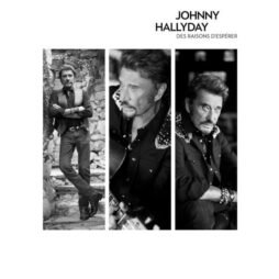 The image is the cover for Johnny Hallyday's single "Des Raisons d'EspÃ©rer." It features a collage of three black-and-white photographs of Johnny Hallyday. In each picture, he appears in a different pose, showcasing his contemplative and charismatic presence. The overall design is elegant and simple, with the artist's name and the song title at the top in black text on a white background.