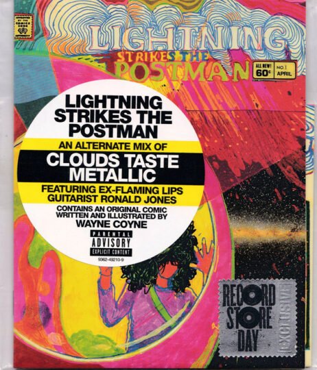 The image is the cover art for Lightning Strikes the Postman by The Flaming Lips. It features vibrant, psychedelic artwork with swirling colors and abstract forms. At the top, the title Lightning Strikes the Postman is styled like a comic book header. A large white circle in the center contains the main text An alternate mix of Clouds Taste Metallic, along with mentions of ex-Flaming Lips guitarist Ronald Jones and an original comic by Wayne Coyne. There is a Record Store Day sticker on the bottom right, indicating its exclusive release.