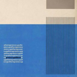 The cover image is an abstract design featuring a blue and beige background, with vertical black lines on the right side. The text preoccupations is repeated in a patterned manner on the left.