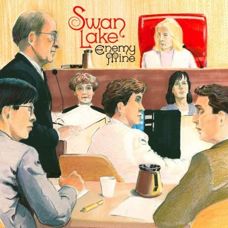 The image depicts an illustration of a courtroom scene with various people, including a judge, lawyers, and witnesses. The color palette features warm tones.