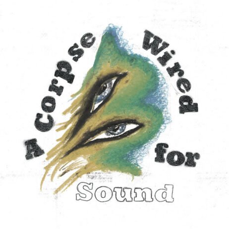The image features an abstract drawing of two eyes with elongated, pointed shapes surrounding them, resembling a mask or a distorted face. The colors used are a blend of earthy tones like green, yellow, and blue, with a sketchy, textured appearance.