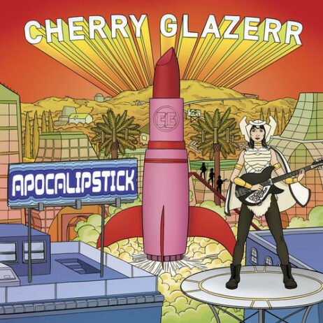 The image displays a vibrant, cartoon-style artwork featuring a large red lipstick that appears to be launching like a rocket. In the foreground, a person dressed in an outfit resembling a futuristic warrior, holding a guitar, stands confidently. The background includes stylized cityscape elements with palm trees and hills, all in bright, warm colors.