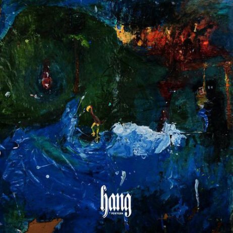 The image is an abstract painting that primarily features deep, rich colors like blue, green, and red. The brushstrokes are bold and dynamic, creating a sense of movement and emotion.