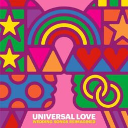 The image is a vibrant, colorful artwork with a retro, pop-art aesthetic. It features symmetrical patterns, including stars, hearts, circles, a rainbow, and interlocking rings, suggesting themes of love and unity.The entire design is framed in bold, geometric shapes.