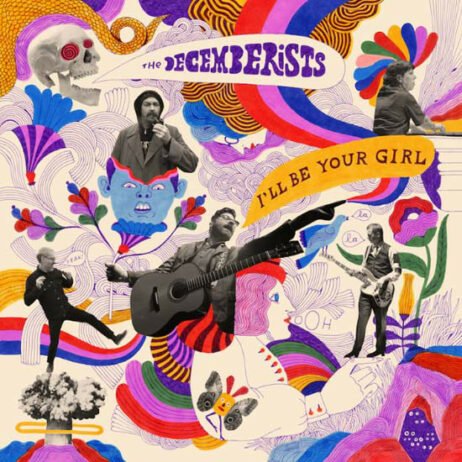 The artwork is vibrant and whimsical, featuring a collage of illustrations and photographs. Various elements, like colorful abstract shapes, stylized flowers, and fantastical figures, are interwoven throughout the design. Members of the band are depicted in black-and-white cutouts, contrasting with the colorful and surreal background.