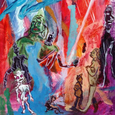 This is the album cover for "On All Fours" by Goat Girl. The artwork features a vibrant and abstract painting with a mix of colorful figures and shapes. The use of bold brushstrokes and a diverse palette of reds, blues, greens, and purples seems chaotic, with various humanoid and animal-like forms interacting within the composition.