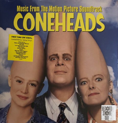 This is the cover for the "Coneheads" movie soundtrack. The image features the iconic characters from the 1993 film "Coneheads," with their distinctively elongated heads. The bold yellow text at the top reads, "Music From The Motion Picture Soundtrack CONEHEADS." There's a sticker on the left that highlights the soundtrack's release on limited-edition yellow vinyl and mentions some of the featured artists.