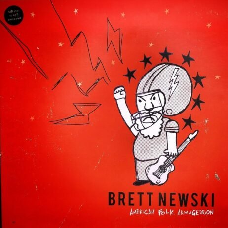The image is the album cover for Brett Newski - American Folk Armageddon. The cover has a bold red background with a cartoon-style illustration of a bearded figure wearing a helmet, clenching a fist in the air, and holding a guitar. The figure is surrounded by stars, and lightning bolts are drawn around the background. The album title, "American Folk Armageddon," is written in a hand-drawn style below the artist's name "Brett Newski," in a bold, simple font.