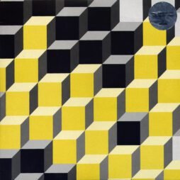 The cover features a geometric design with an optical illusion effect, made up of repeating cubes in shades of yellow, black, and gray. This kind of artwork creates a 3D visual effect that appears to make the shapes pop out or recede, depending on the viewer's perspective. There is a small sticker in the upper right corner, which contains additional details about the album.
