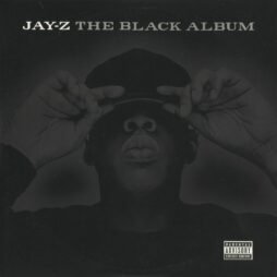 A close-up image of Jay-Z holding his cap with both hands, partially covering his face. The entire image is in monochromatic black and grey tones, with the title "THE BLACK ALBUM" written above in white text. Jay-Z's facial features are barely visible, blending into the dark background.