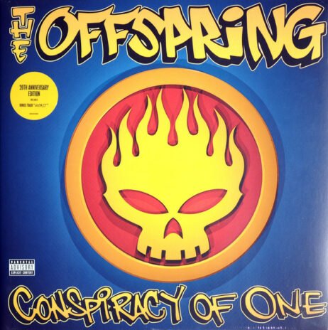 The cover features The Offspring's name in bold, graffiti-style yellow lettering at the top. The iconic flaming skull logo is prominently placed in the center, with bright red flames and a yellow outline against a blue background. Below the skull, the album title "Conspiracy of One" is written in matching graffiti font.
