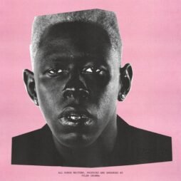 The image is the album cover for "IGOR" by Tyler, The Creator. The design features a stylized black-and-white portrait of Tyler, The Creator against a plain pink background. His expression is serious and direct, and he is wearing small earrings