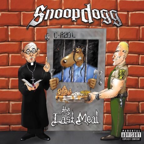 The album cover features a cartoon depiction of Snoop Dogg as a dog behind prison bars, dressed in a blue jumpsuit, holding a fork and knife. To his left stands a priest holding a Bible, and to his right, a guard in a green uniform holds a tray of food with chicken and mashed potatoes. The background is a red brick wall, and the album title, "Tha Last Meal," is written below the scene in a stylized font. The name "Snoop Dogg" appears at the top in a graffiti-style font. The cover has a humorous yet serious theme, indicating the concept of a "last meal" in a prison context.