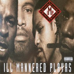 This image is the album cover for "Ill Mannered Playas" by IMP (Ill Mannered Playas). The cover features a close-up, sepia-toned collage of the faces of the group members. Each member's face is partially visible. In the upper right corner, there is a red diamond-shaped logo with "IMP" in the center, surrounded by the words "Ill Mannered Posse" written around the edges. The album title, "Ill Mannered Playas," is written in bold, white capital letters at the bottom, while the cover also includes a parental advisory warning in the bottom right corner.