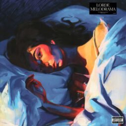 The image is the album cover for "Melodrama" by Lorde. It features an illustrated depiction of a woman, lying in bed with disheveled dark hair. The lighting casts vivid blue and red shadows. The album title "MELODRAMA" and artist name "LORDE" appear in white text within a black square in the upper right corner. A parental advisory warning is displayed in the lower right corner.