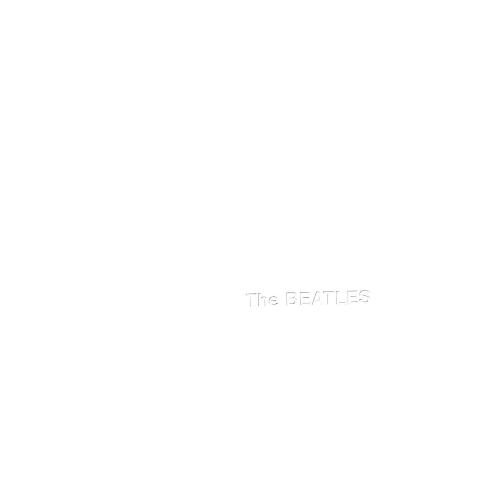 The album cover features an entirely white background with a minimalist design. The only text visible is "The BEATLES," subtly embossed in the lower right corner. This simplistic approach gives the cover a stark and iconic appearance. It is famously known as "The White Album" and stands out due to its plain, unadorned look.