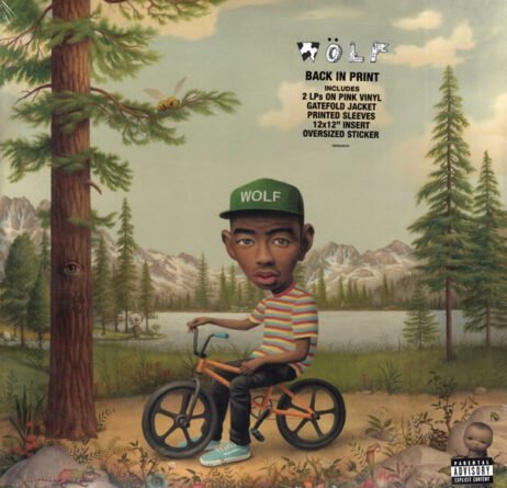 This is the album cover for Tyler, The Creator - Wolf. An animated version of Tyler, The Creator rides a bicycle through a surreal forest landscape. He wears a green cap that says "WOLF" while large trees, a lake, and mountains are in the background. The scene has dreamlike details, including a large eye on the tree and bees in the sky.