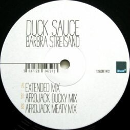 The image shows a vinyl record picture disc for the song "Barbra Streisand" by Duck Sauce. The label is white with simple black text. It lists the following track versions: A1: Extended Mix, B1: Afrojack Ducky Mix, B2: Afrojack Meaty Mix