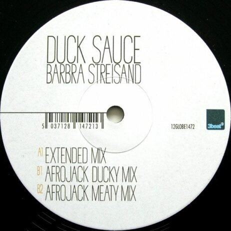 The image shows a vinyl record picture disc for the song "Barbra Streisand" by Duck Sauce. The label is white with simple black text. It lists the following track versions: A1: Extended Mix, B1: Afrojack Ducky Mix, B2: Afrojack Meaty Mix