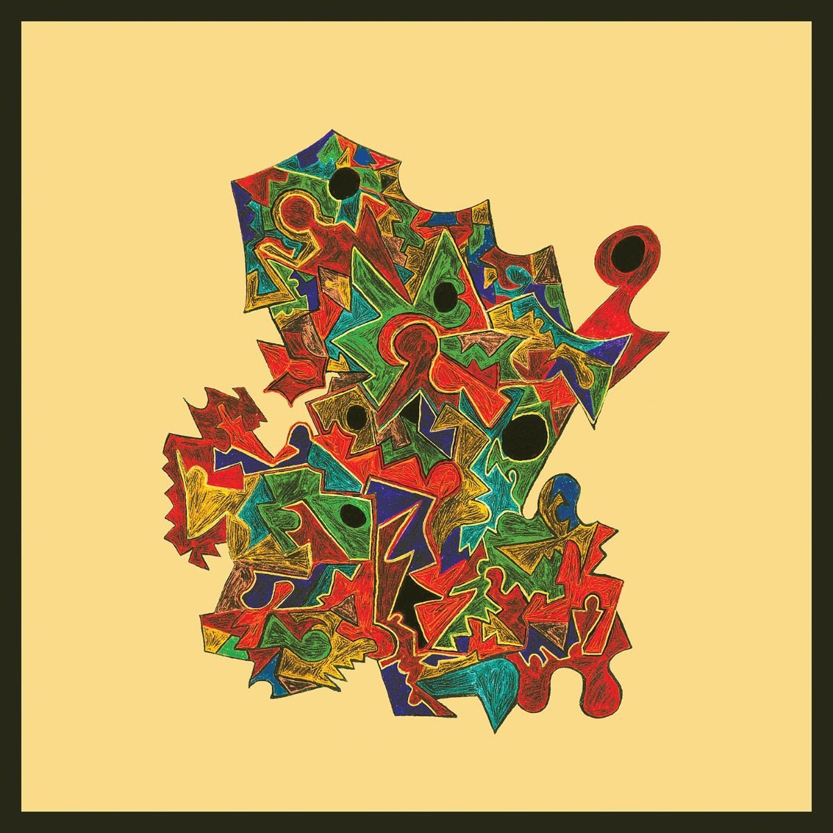 The album cover features a complex abstract shape filled with vibrant colors like red, green, blue, and yellow, creating a dynamic, intricate pattern. The shape is set against a plain, light yellow background, allowing the colorful design to stand out. The artwork resembles a collage or puzzle piece, with irregular edges and a mix of geometric and organic forms. A thin black border frames the entire cover.