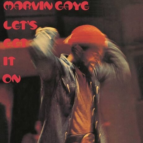 The cover of Marvin Gaye's - Let's Get It On features a blurred, motion-filled image of Marvin Gaye in mid-performance, wearing a denim outfit and a red beanie. The cover is comprised of warm, reddish hues. The album title is displayed in bold, red font on the left side, arranged in a playful, staggered layout.
