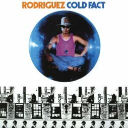 The album cover of "Cold Fact" by Rodriguez features a central image of the artist sitting cross-legged inside a blue sphere. He wears a hat, sunglasses, a pink tank top, striped pants, and a pendant necklace, giving off a laid-back, bohemian vibe. The album title is displayed at the top in bold letters, with "Rodriguez" in orange and "Cold Fact" in blue. Below the main image, there is a black-and-white strip showing a row of buildings with "DRUG" signs and repeating silhouettes of a person walking, adding a contrasting urban element to the design.
