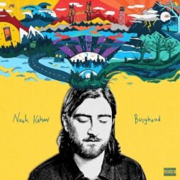 The album cover features Noah Kahan with his eyes closed, portrayed in black and white, in the bottom half of the image. Above his head, a colorful, surreal landscape bursts out, depicting a mix of mountains, cities, forests, and abstract shapes, symbolizing a busy mind. The background is a bright yellow, and the album title "Busyhead" is written in a handwritten style on the right side, with "Noah Kahan" on the left, both in blue.