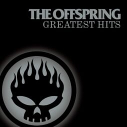 A black background with a grey circular emblem in the bottom left corner. The emblem features a stylized skull with a spiky flame-like design on top. The album title "THE OFFSPRING GREATEST HITS" is written in bold, grey letters at the top. The design is minimalistic, using high contrast and monochromatic tones.