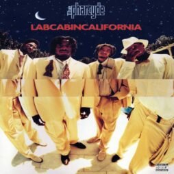 The album cover features the hip-hop group The Pharcyde, dressed in beige suits with bow ties, standing outdoors under a clear, starry sky. The group members are arranged in a distorted, fragmented style that makes it appear as if their images have been cut and reassembled. The album title "Labcabincalifornia" is displayed in bold red text across the top, with the group's name "The Pharcyde" in a smaller, stylized font above it. A crescent moon is visible in the night sky.