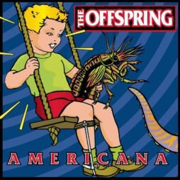 The album cover depicts a cartoon-style illustration of a blonde boy on a swing holding a large insect. The boy, dressed in a green shirt and red shorts, has a brace on his leg. The background is dark blue with concentric circles radiating out, adding a surreal, almost psychedelic feel. Above, the bandâ€™s name â€œThe Offspringâ€ is prominently displayed in bold red and white letters, while the title â€œAmericanaâ€ appears below in a classic, serif font.