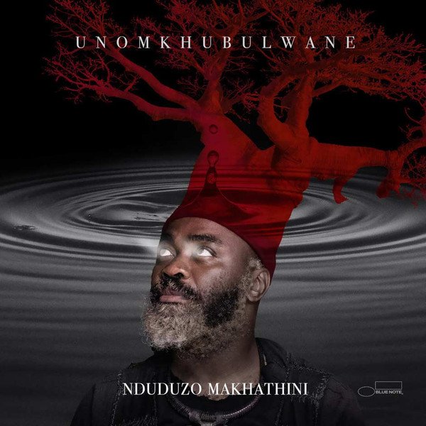 The album cover of Unonkbulwane by Nduduzo Makhathini features the artist gazing upwards, set against a mystical background. His red hat appears to transform into the roots of a tree, which stands in red at the top. The tree seems to float above circular water ripples.