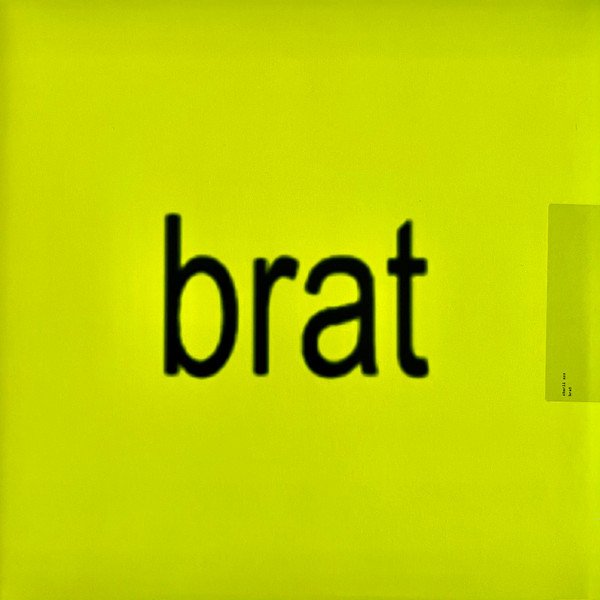 The album cover for Brat by Charli XCX features a bright yellow background with the word "brat" written in bold, black lowercase letters at the center. The design is minimalistic and direct, with no additional imagery or details. There is a small, semi-transparent rectangle on the right side.