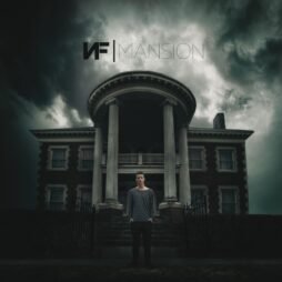 This is the album cover for NF - Mansion. It features a man standing in front of a large, ominous mansion. The skies are filled with dark clouds. The man is centered, wearing casual clothing, and appears contemplative. The word "Mansion" is displayed in the upper right corner.