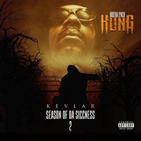 The album cover features a dark and eerie scene with a large silhouette of a person standing in front of bare trees. Above, the looming face of a man wearing sunglasses, likely Brotha Lynch Hung, dominates the sky with an ominous orange glow. The album title "Season of Da Siccness 2" and the word "Kevlar" are written in bold below the image. The parental advisory label is positioned at the bottom right corner.