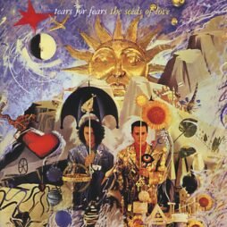 The image features the album cover of *Tears for Fears*' *The Seeds of Love*. It showcases a vibrant, surreal scene with a large golden sun at the top, representing themes of enlightenment. Below, the two band members stand with umbrellas, surrounded by eclectic symbols like a heart, sunflowers, and abstract shapes. The background is a mix of swirling colors, contributing to the dreamy and artistic style.