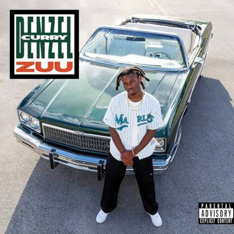 The cover features Denzel Curry standing confidently in front of a vintage green convertible. He's wearing a white Marlins jersey, black pants, and white sneakers. The bold text "DENZEL CURRY ZUU" is placed in the top left corner with a striking design.
