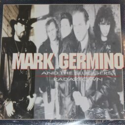 The image is the album cover for "Radartown" by Mark Germino and The Sluggers. The cover features a black-and-white photograph of the band members. The men are dressed in black leather jackets and a cowboy hat. The text "MARK GERMINO" is written in large, bold, white letters with a red outline across the center of the cover. Below it, in smaller letters, "AND THE SLUGGERS" appears, followed by the album title "RADARTOWN" in a thin, white font.