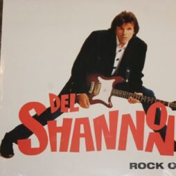 The image is the album cover for "Rock On!" by Del Shannon. The cover features a photograph of Del Shannon in a dynamic pose, holding a guitar with both hands as he leans forward, looking directly at the camera. He is dressed in a black jacket over a white shirt. The artist's name, "Del Shannon," is prominently displayed in bold, red letters. The album title "ROCK ON!" appears in smaller, black text at the bottom right. The background is plain white.