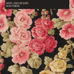 The image is the album cover for "Blues Funeral" by the Mark Lanegan Band. It features a rich floral pattern with pink and yellow roses against a black background. The album's title and artist name are displayed in a simple white font on a solid black rectangular block in the top left corner, providing a stark contrast to the vibrant flowers.