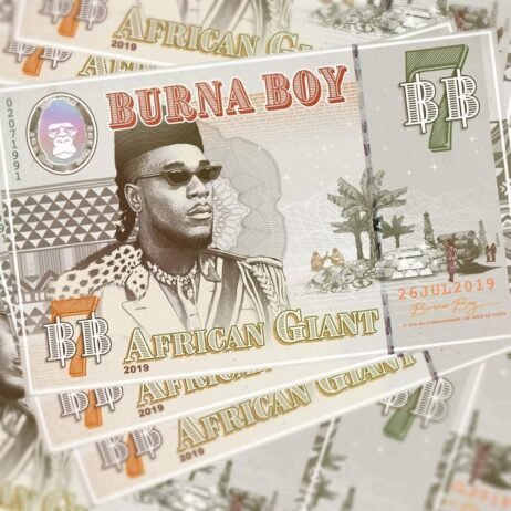 This is the album cover for Burna Boy - African Giant (2LP). It features a man on the face of money across the cover.
