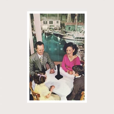 This is the album cover for Led Zeppelin - Presence (2LP). It features a family of a mother, father and 2 children sitting at a table. The background is of a window looking out at yachts.