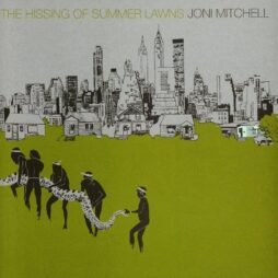 This is the album cover for Joni Mitchell - The Hissing Of Summer Lawns. It features a green lawn with housing structures in the background and a line of people in the foreground holding a snake.