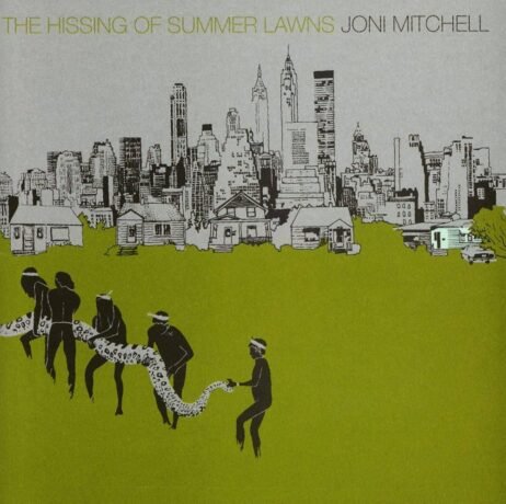 This is the album cover for Joni Mitchell - The Hissing Of Summer Lawns. It features a green lawn with housing structures in the background and a line of people in the foreground holding a snake.